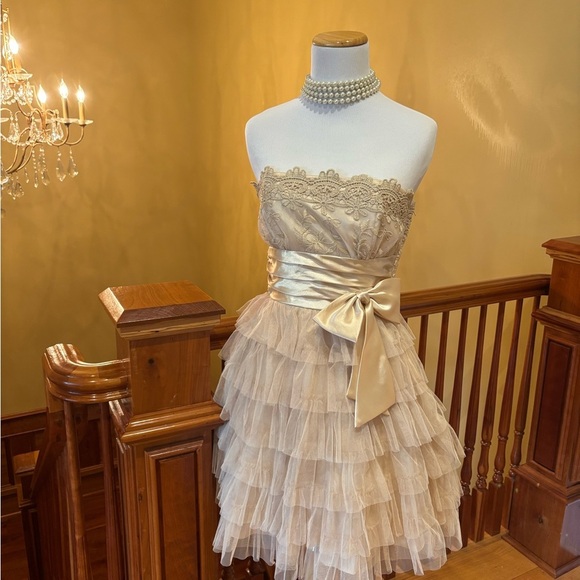 Champagne Gold Dress w/Bow and Tulle Fairiycore Ethereal Romantic Sweet - Picture 6 of 16